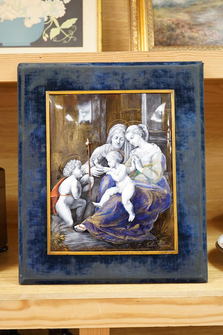 Andree Ponsard (19th/20th century), 'The Holy Family with the Infant Saint John the Baptist', signed and dated 1909 lower right , enamels on copper, overall 34 x 29cm